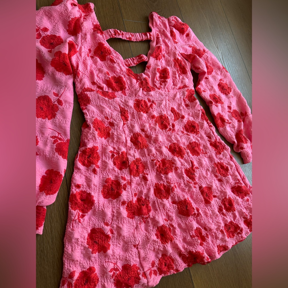 Pink Long-Sleeve Dress with Red Floral Embroidery